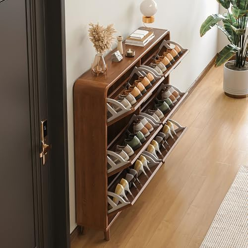 BK&MF Schmaler Schuhschrank aus Holz,mit 3 klappbaren Schubladen Versteckter Schuhkipper mit verstellbarem Regal für Diele, Flur, Garderobe,A,110x17x118cm(43x7x46inch)