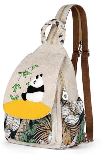 Umwandelbare Umhängetasche für Damen, handgefertigt, aus Segeltuch, hochwertig, lässiger Mini-Rucksack für Damen, panda, Medium, Ethnisch
