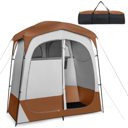 HOMASIS Tienda de Ducha Camping de 2 Habitaciones, Tienda de Vestuario Baño Portátil para WC con Ventana, Bolsillo de Almacenamiento, Gancho y Bolsa de Transporte, para Playa, Senderismo (Marrón)