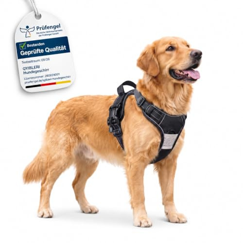 Hundegeschirr Grosse Hunde - Verstellbares Geschirr Hund mit Magnetverschlüssen | Anti-Zug Funktion, Atmungsaktiv, Reflexstreifen und Weichem Griff, Schwarz, L