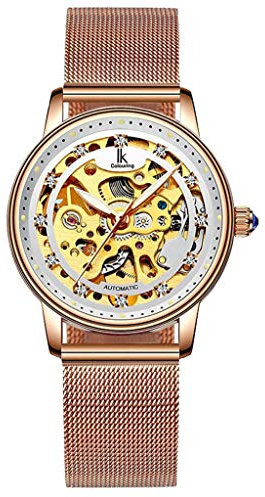 Gosasa Luxuriöse automatische mechanische Damenuhr, goldfarben, Edelstahl-Mesh-Armbanduhr, Kleid, Goldweiß, Mechanisch, selbstaufziehend