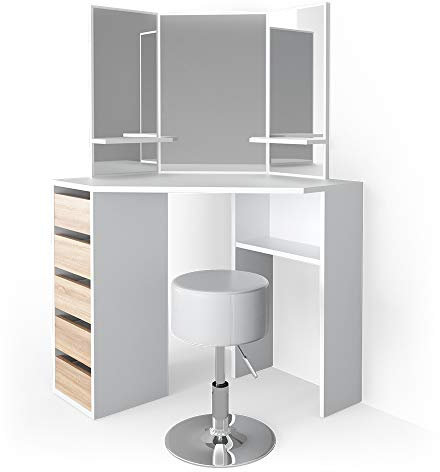 Vicco Eckschminktisch Arielle, Kosmetiktisch mit Spiegel, Weiß/Sonoma/Sonoma, 110 cm mit Hocker