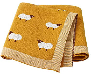 Babydecke Baumwolle Strickdecke, Surwin Mädchen und Jungen Kleines Schaf Muster Kuscheldecke - Vielseitig Nutzbare Baby Decke für Kinderwagen, Babyschale (100x80cm,Gelb)