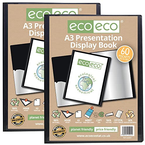 eco-eco A3 Size 50% Recycled 60 Pocket Black Presentation Display Book, Storage Case Portfolio Art Folder with Plastic Sleeves eco021x2 (Pack of 2 Books)