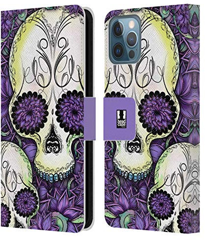 Head Case Designs Violett Blühende Totenköpfe Leder-Wallet-Hülle Kompatibel mit Apple iPhone 12 / iPhone 12 Pro