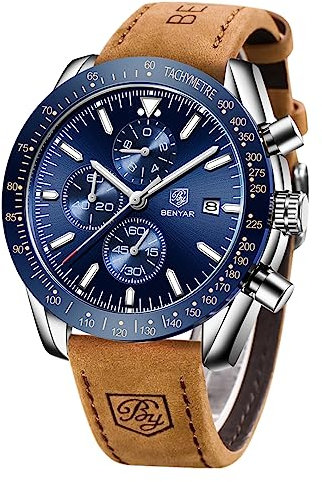 BY BENYAR Herren Business Analoger Chronograph Quarzuhr 30M Wasserdicht Leuchtende Datumsanzeige Modische Freizeituhr Sport Multifunktions Lederuhr.(Silber Blau)