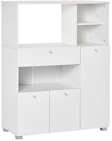 HOMCOM Aparador Auxiliar para Microondas Alacena Buffet de Cocina con 2 Armarios de Puertas 1 Cajón y Estantes de Almacenamiento 90x40x120 cm Blanco