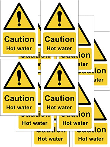 Pack of 12-60mm x 90mm Caution hot water self adhesive vinyl signs