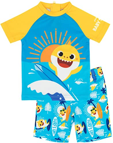 Baby Shark Swimsuit for Boys | 2 Piece T-Shirt Shorts Baby Children Yellow Blue Song Surf Swimming Costume | Short Sleeve with Elasticated Waistband