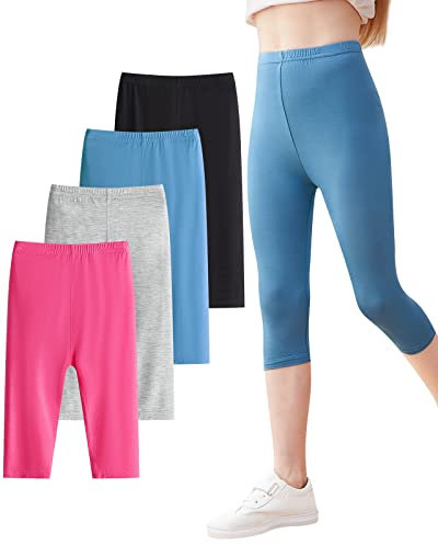 Domee Leggings Capri 3/4 Pantalon Court Été Fille Lot de 4 Noir & Gris & Rose Rouge & Bleu Marine 7-8 Ans (Taille Fabricant 140)