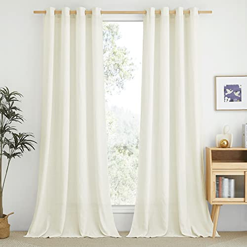 PONY DANCE Linen Curtains 96 Drop Pair, Extra Long Semi Sheer Curtains Eyelet Top Thick Flax Window Treatment Panels for Living Room/Bedroom Decoration, Cream Beige, 55 Inches Width, Set of 2