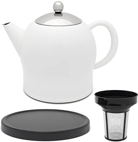 Bredemeijer doppelwandige Teekanne 1.4 Liter - matt weiße Edelstahl Kanne & Tee-Filter-Sieb-Aufsatz & schwarzer Holzuntersetzer - ideal für losen Tee