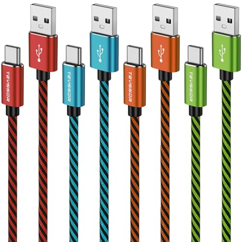 Teyssor USB C Charger Cable, 1.85M/6FT 4Pack USB A to USB C Nylon Braided Type C Cable Fast Charging Compatible with Samsung Galaxy S24 S23 S22 S21, Note 10 9 8, Google Pixel