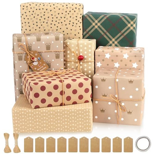ZCOINS 8 Blatt Kraft Geschenkpapier, Recycelbares Kraftpapier Packpapier, Geschenkverpackung mit Papierkordel und doppelseitigem Klebeband hält für Weihnachten Geburtstag Jahrestage DIY 70 X 50cm