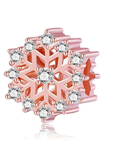 Damen Schneeflocke Charms-Anhänger mit Zirconioa 925 Sterling Silber für Europäische Armbänder Halskette,Weihnachten Roségold Bead Charme Perlen Schmuck Geschenke für Frauen