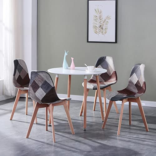 GrandCA HOME Mesa de Comedor y 4 Sillas de Comedor Juego de Comedor Moderno, Mesas Redondas Blancas y Cojín de Asiento de Tela Patchwork Sillas de Cocina, Marrón