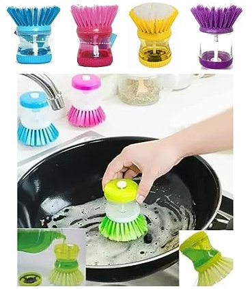 Dish Brush Soap Dispensing Palm Pot Cleaning Scrubbing Washing Up Kitchen Dish washing Brushes For Dishes Pan Dish pot Plate Cutlery Sink Refillable Scourer Firm Bristle Scrubber With PDQ Plastic-1 Pc