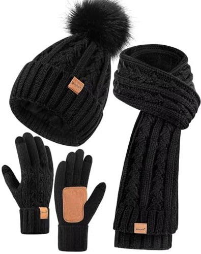 Winuesa Mütze, Schal & Handschuh-Sets für Damen, Beanie Mütze Damen Winter mit Bommel Fleece Gefütterte, Touchscreen Handschuhe Schal Wärmer Cap 3 in 1 Geschenk Set(Schwarz)