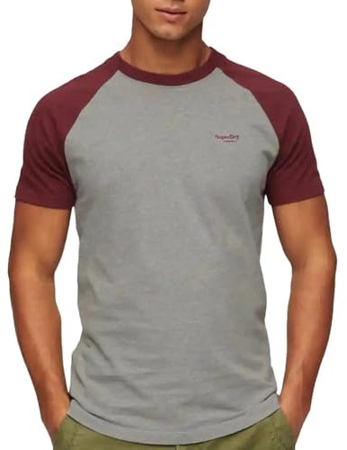 Superdry Herren Essential Logo Baseball Tshirt Unterhemd, Grau/Rot (Grey Marl/Vintage Red Marl), XL