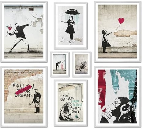 ARTFAVES® Poster Set - BANKSY STREET ART - mehrteilige Wanddeko Wohnzimmer - 8 moderne Wandbilder Collage, Girl Balloon, Flower Thrower, Umbrella - mit Rahmen Weiss
