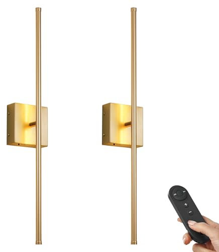 KARTOOSH Battery Operated Wall Sconces with Remote Control, Dimmable Wall Sconces Set of Two, 350°Rotate, 3000K LED Gold Wireless Wall Light for Living Room, Hallway, Bedroom, 28.3 Inch (2 Pack)