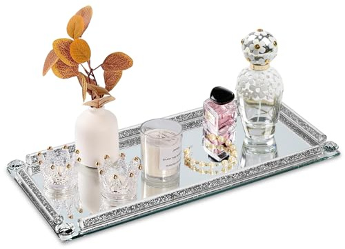YCWF Bandeja de Perfume de Espejo Plateado para tocador, Bandeja de tocador de Vidrio triturado Relleno de Diamante, Bandeja de baño Decorativa, Bandeja de Cristal para decoración del hogar, Fiesta