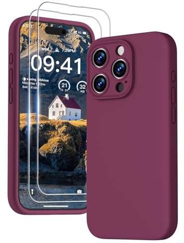 GOODVISH 3 in 1 Silicone Cover per iPhone 15 Pro Max 6.7 (2023), Custodia con 2 Pellicola Protettiva, Case per Cellulare Ultra Sottile Antiurto Resistente [Protezione Fotocamera], Vino Rosso