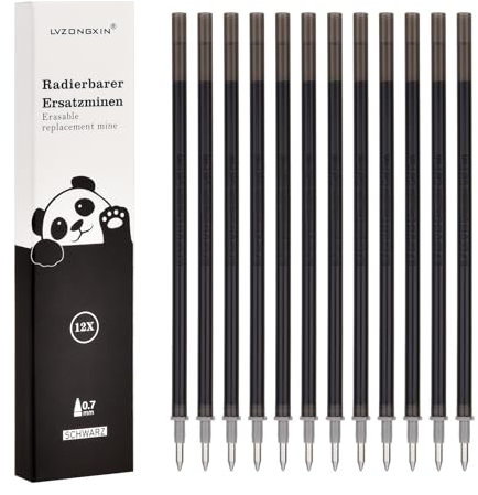 LVZONGXIN Ersatzminen, Kompatibel Mit Legami, [ Blau, 12er], Spitze 0,7mm,Höhe 13 cm, Radierbare Tintenrolle (Schwarz, 12)