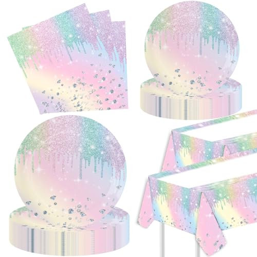 YimaiX Iridescent Party Supplies, Iridescent Party Disposable Tableware Set 20 Party Plates 9 20 7 Paper Plates 20 Napkins 2PCS Tablecloth for Iridescent Birthday Party Decoration Serves 20 Guests