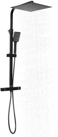 MEHOOSPVN Duschsystem mit Thermostat Schwarz, Duscharmatur Edelstahl Regendusche ABS Handbrause, Kopfbrause, Verstellbarer Chrom Duschstangeset Duschsäuleset, mit Duschkopf aus rostfreiem 30x30cm