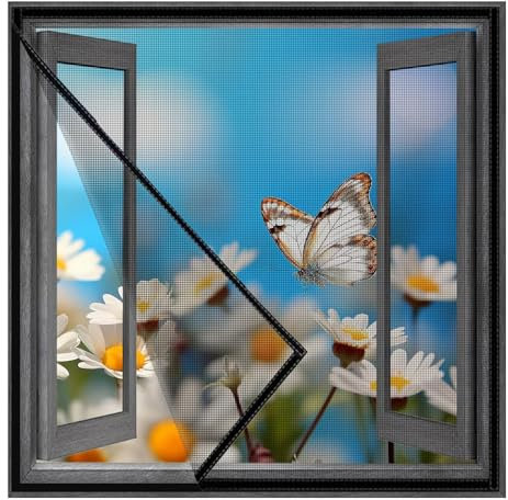 Fliegengitter Fenster mit Rahmen Insektenschutz Vorhang 105x155cm Klebemontage für Schützen die Familie vor Insekten, Schwarz