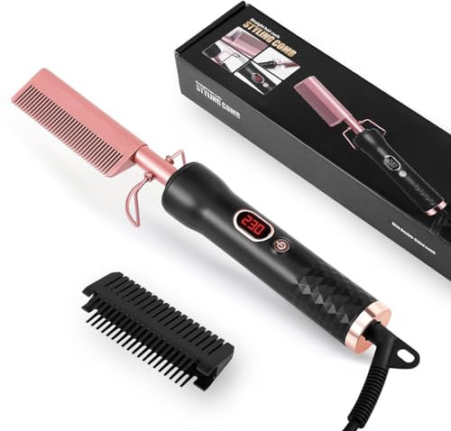 Electric Hot Comb, Hair Straightener Hot Comb for Wigs, Afro Hair & Beard, Portable Ceramic Beard Straightener Brush with 120-230℃ LCD Display Anti-Scald Pressing Combs,Temperature Adjustable