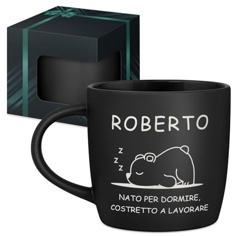 Maverton Tazza da caffè macchiato o tè in ceramica - 400 ml - Incisione personalizzata - Tazze con manico per bevande per Lui - Bicchiere da colazione per compleanno uomo - Interno nero - dormiglione