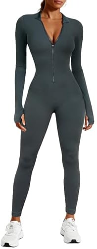 Voqeen Jumpsuit Damen Langarm Zip Up Leggings V-Ausschnitt Yoga Overall Elegant Playsuits Jogging Strampler Hosenanzug Trainingsanzug