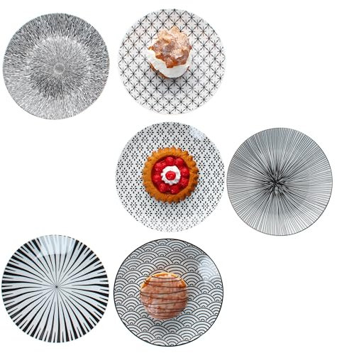 MamboCat 6er Set Old Seoul Kuchenteller I Ø 21cm I schwarz-weiße Steingut-Frühstücksteller I 6 Personen I kleine Teller für Salat, Dessert & Co.