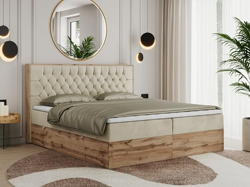 MKS MEBLE Boxspringbett 180x200 Mit Bettkasten Eiche, Polsterbett Mit Matratze H3, Bett Mit Kopfteil Und Holzrahmen in Wotan Eiche - Beige Velvet - Amore