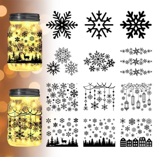INFUNLY 12er Set Weihnachts Schneeflocken Einmachglas Silhouetten Aufkleber 3.9x3.5(1) cm Weihnachts Aufkleber Elch Silhouette Ausschnitte Für Gläser Heimwand Fenster Scrapbook Dekoration Zubehör DIY