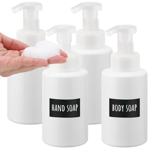 Segbeauty Schaumspender Dusche, 4 Stück 400ml Schaum Seifenspender Weiß, Handseifenspender mit Schaumpumpe, Seifenspender Kunststoff mit Etiketten