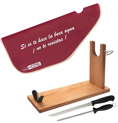 Well Home - Jamonero de Madera con herraje en V + Set de Cuchillo jamonero (25cm) y Chaira (21cm) + Funda para jamón 'Tiberic'