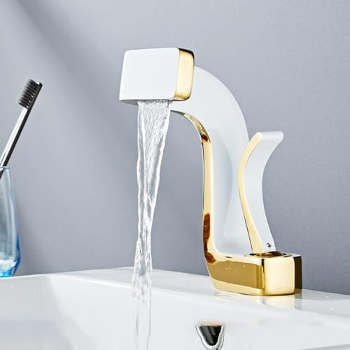 Robinet de lavabo de salle de bain en laiton de luxe, avec débit cascade, design bicolore, mitigeur chaud et froid pour toilettes modernes, installation facile (blanc + or)