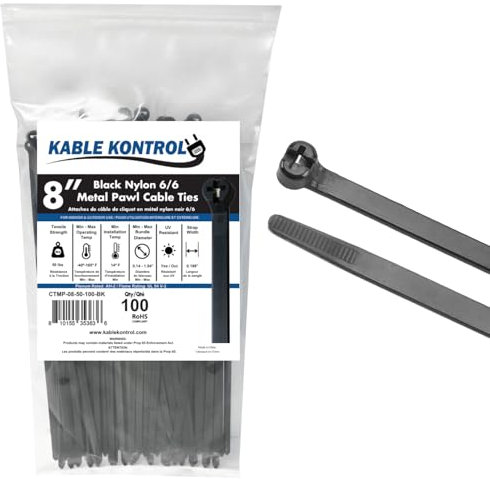 Kable Kontrol Black Metal Tooth Cable Ties, 200 mm x 4.8 mm - 100 Pcs, 8 Metal Pawl Cable Tie, Stainless Steel Toothed Self-Locking, UV Resistant Steel Barb Zip Ties for Industrial & Automotive Use