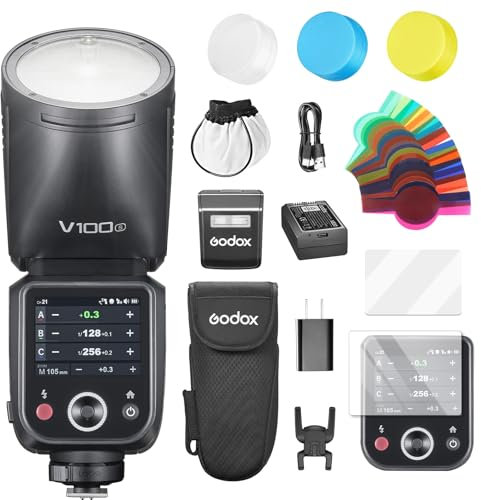 GODOX V100S Blitzgerät V100-S 100w Round Head Touchscreen Flash für Sony,2.4G Wireless mit Externem Speedlite und Global Shutter Blitzsynchronisation 1/80000s,integrierter Lithium Akku