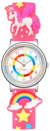 Alienwork Einhorn Lernuhr Kinderuhr Mädchen Uhrzeit Lernen Silber Kautschuk-Armband Rosa Mehrfarbig Kinder-Uhr Wasserdicht 5 ATM Zeit Lernen
