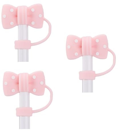3pcs Bow Straw Lids Covers for Stanley, Silicone 0.4in Straw Tips Topper Caps Reusable Cute Bow Shape Cup Decor Replacement Parts Accessories for 14/20/30/40oz Tumblers (Pink)