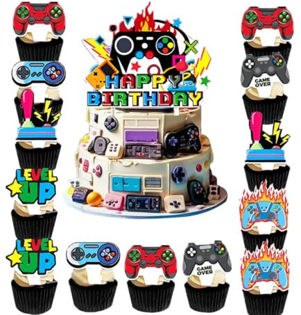 Videospiel Cupcake Toppers, Birthday Kuchenaufsatz, Cake Decoration for Video Games, Happy Birthday Cake Decoration Game Party Supplies for Children Girls Boys Party Cake