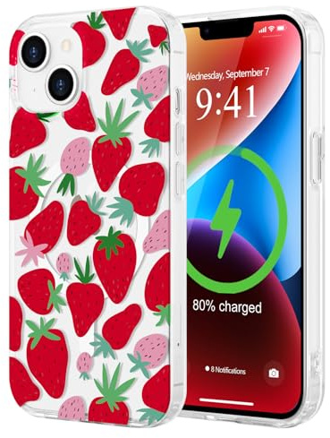 LCHULLE for iPhone 14/13 Case[Compatible with MagSafe],Cute Pink Bows Clear Ribbon Bowknot Pattern Magnetic Case for Women Girls,Shockproof Hard Back Cover for iPhone 14/13,Strawberry