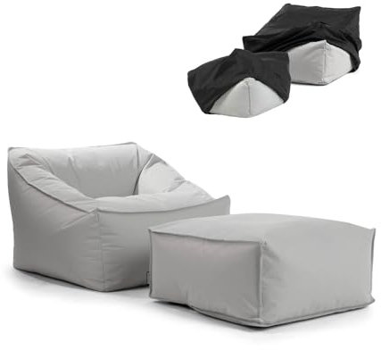 mokebo® Gartensessel mit Pouf 'Der Sunnyboy' und Schutzhülle, Bean Bag mit Hcoker und Füllung oder Outdoor Sitzsack, als Liegekissen, Relaxliege oder Liege in Hellgrau
