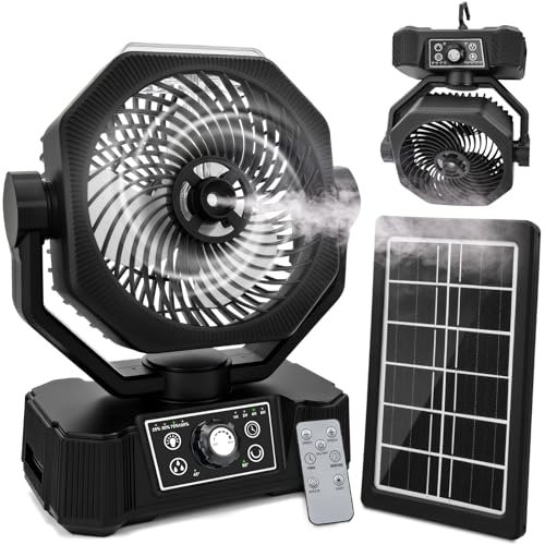 AKOFIC Ventilateur Camping Solaire avec Télécommande et Lumière LED, Ventilateur Brumisateur 12000 mAh USB Rechargeable, Ventilateur de Bureau/Tente Puissant et Silencieux pour Extérieur Intérieur