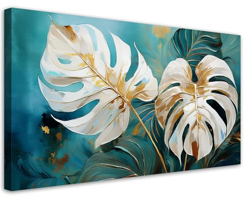 Feeby Leinwand Bilder - Bild Wohnzimmer - Weiße Monstera-Blätter Türkis - 120x60 1tlg - Deko Schlafzimmer Groß - Dekoration Canvas - Gemälde - Modern Wandbilder - Kunstdruck