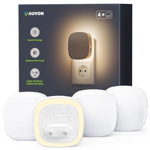 AUVON Nachtlicht Steckdose mit Bewegungssensor und Dämmerungssensor 4 Stück | 2200K Warmweißes LED hinterleuchtete Nachtlicht mit 1-50 lm Helligkeit Einstellbar für Flur Schlafzimmer Treppe Bad Kinder